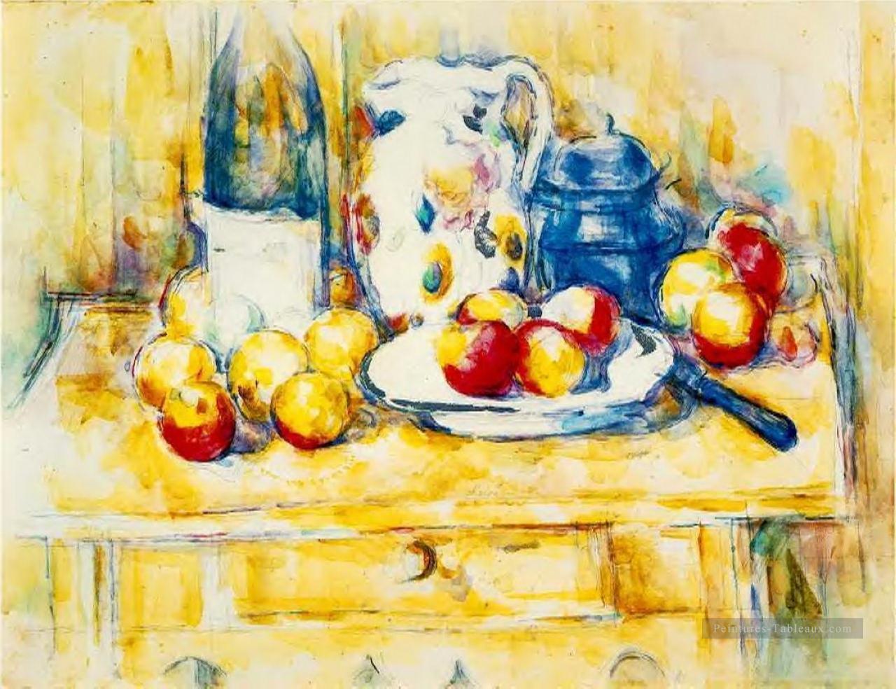 Nature morte aux pommes une bouteille et un pot à lait Paul Cézanne Peintures à l'huile